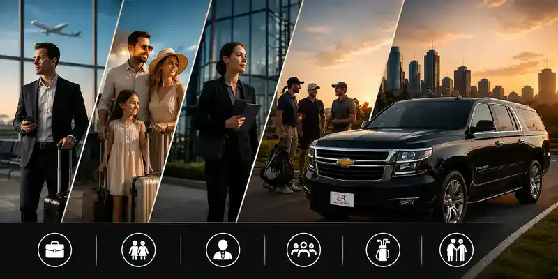 Luxury Chevrolet Suburban private transportation serving business travelers, families, executives, groups, sports teams, and elderly passengers, with an airport terminal, city skyline, and the official Lavish Ride logo displayed on the license plate.